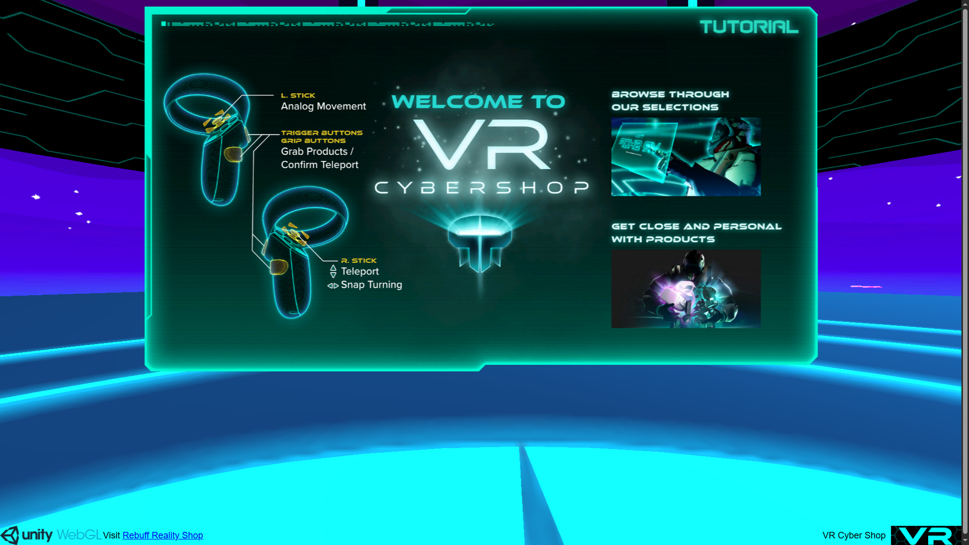Screenshot of VR Cybershop intro screen.